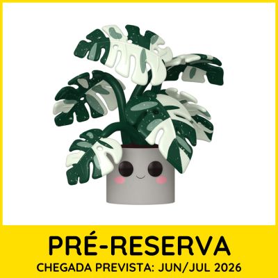 Planta artificial com rosto sorridente em vaso cinzento, com folhas verde e branco.