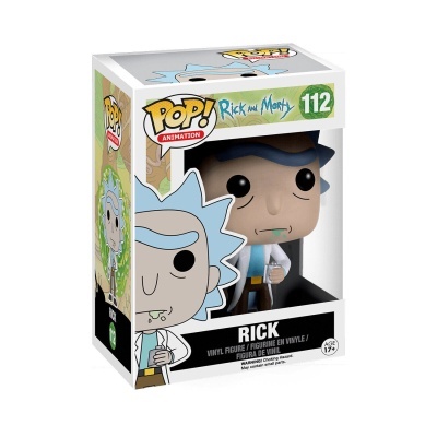 Boneco de vinil Rick da série Rick and Morty embalado na sua caixa original.
