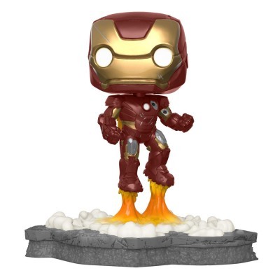 Figura Funko Pop de Iron Man em pose de voo com efeitos de propulsores.
