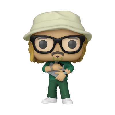 Figura Funko Pop de homem com chapéu bege e gato cinzento