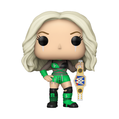 Figura Funko Pop de mulher loira com roupa verde e preta segurando cinturão de campeão