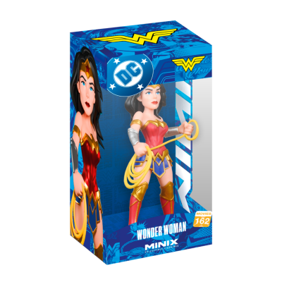 Boneca Wonder Woman colecionável em caixa azul com logotipos e texto.