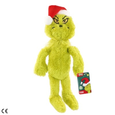 Pelúcia do Grinch com gorro de Natal e etiqueta 
