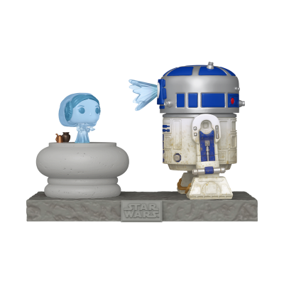 Figuras colecionáveis da Star Wars, R2-D2 e holograma em base cinzenta.