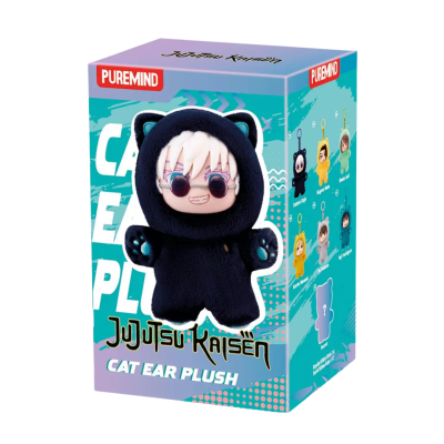 Caixa do peluche chaveiro Jujutsu Kaisen com personagem em fato de gato preto