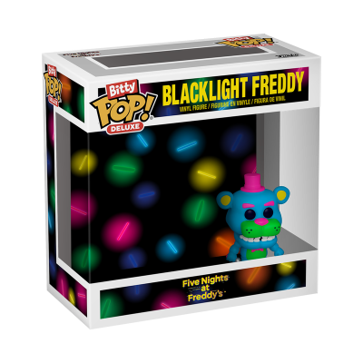 Caixa de figura de vinil Blacklight Freddy da série Five Nights at Freddy's em fundo preto com bolhas coloridas neon.