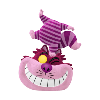 Peluche do Gato de Cheshire cor-de-rosa e roxo às riscas com sorriso largo