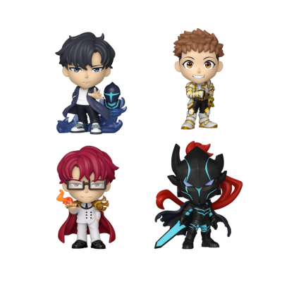 Quatro figuras colecionáveis estilo chibi com diferentes roupas e acessórios coloridos.