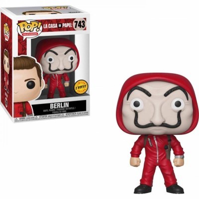Figura Funko Pop! de Berlin de La Casa de Papel com fato vermelho e máscara, ao lado da caixa original.