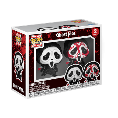 Caixa de chaveiros Ghost Face Pocket Pop! Keychain com duas figuras em vinil, uma com máscara branca e outra com máscara ensanguentada.