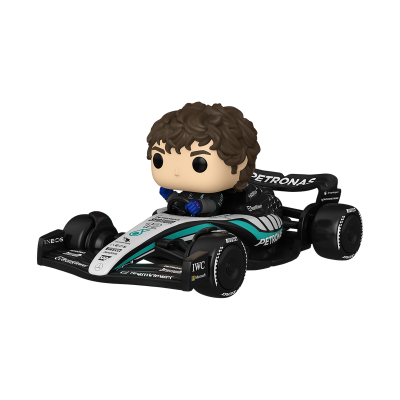 Boneco Funko Pop de piloto de Fórmula 1 num carro preto com detalhes verdes e brancos