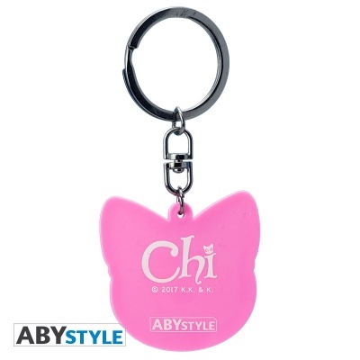 Porta-chaves rosa em forma de cabeça de gato com texto Chi e logo ABYSTYLE