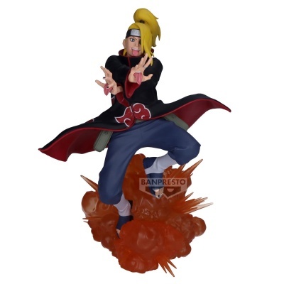 Figura de ação de Deidara do anime Naruto com roupa preta e vermelha e base de explosão laranja