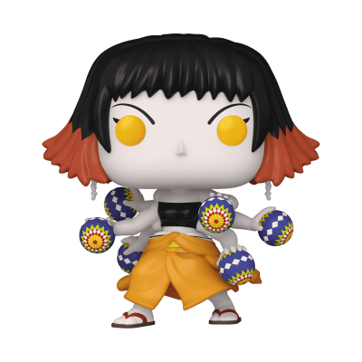 Figura colecionável Funko Pop com cabelo preto e laranja, calças laranja e bolas coloridas na mão