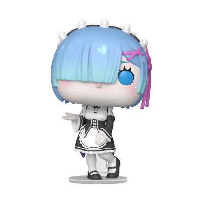 Figura Funko Pop de personagem com cabelo azul claro e vestido preto e branco