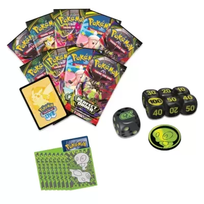 Cartas e acessórios do jogo Pokémon Trading Card Game, incluindo pacotes de cartas, dados e ficha