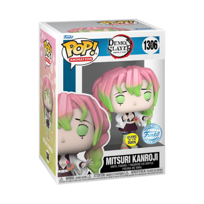 Figura Funko Pop vinil Mitsuri Kanroji de Demon Slayer numa caixa colorida com texto e logótipos