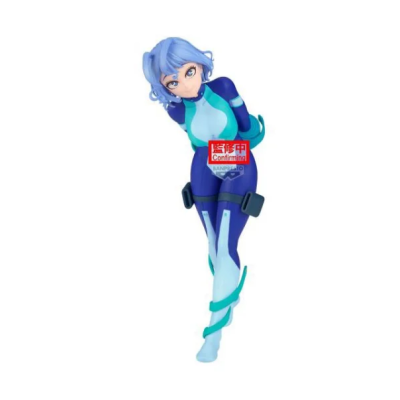 Figura de personagem feminina em fato azul e verde água com cabelo azul claro