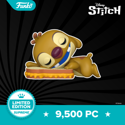 Funko Pop Disney Stitch edição limitada com personagem deitado sobre almofada