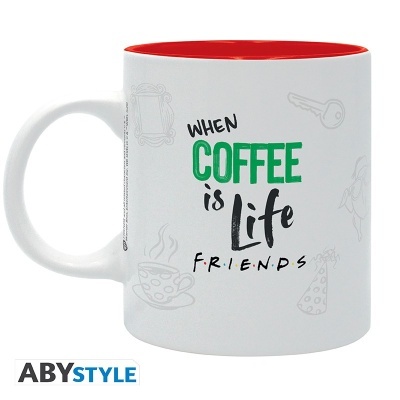 Caneca branca e vermelha com texto e desenhos relacionados com café e a série FRIENDS