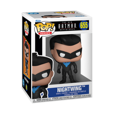 Figurinha Funko Pop Nightwing em vinil dentro de caixa com texto e número 655
