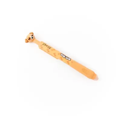 Caneta laranja com cabeça de cão e estampas de ossos