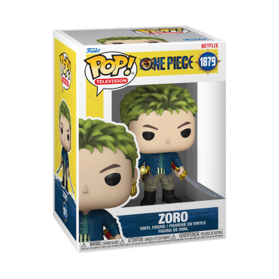 Funko Pop de vinil do Zoro de One Piece em caixa amarela e branca