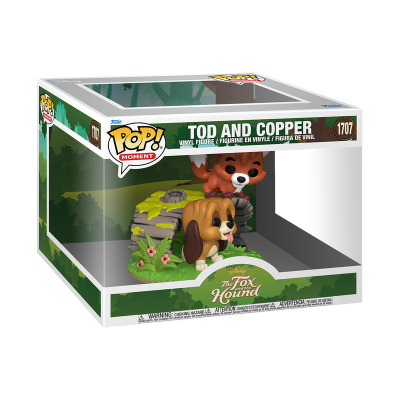 Figura de vinil Tod e Copper da coleção Pop! Moment em caixa transparente com detalhes verdes e texto branco.