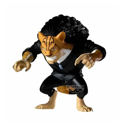 Figura antropomórfica felina com fato preto e cabelo cacheado