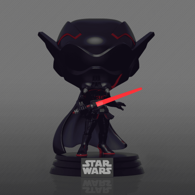 Figura Funko Pop Star Wars preta com sabre vermelho em base preta.