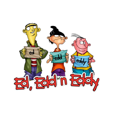 Desenho dos três personagens de Ed, Edd n Eddy segurando placas com seus nomes em fundo branco.