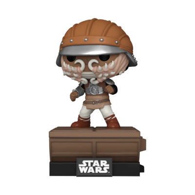 Figura Funko Pop personagem Star Wars com capacete castanho sobre base com placa 'STAR WARS'