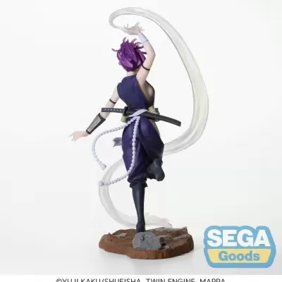 Figura de ação com cabelo roxo, roupa azul escura, base de pedra e detalhe transparente