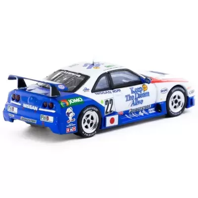 Miniatura de carro de corrida Nissan azul, branco e vermelho com número 22 e texto Keep The Dream Alive