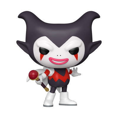 Funko Pop de personagem com rosto branco, cabelo roxo em chifres, roupa preta e vermelha e cetro com esfera vermelha