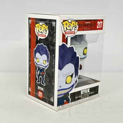 Caixa da figura POP! ANIMATION Ryuk número 217 da série DEATH NOTE, com fundo vermelho e preto