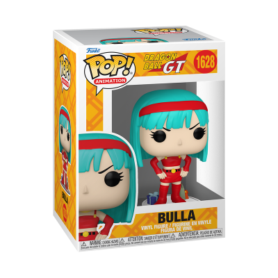 Figura Funko Pop! Bulla Dragon Ball GT com cabelo azul e roupa vermelha em caixa amarela e branca.