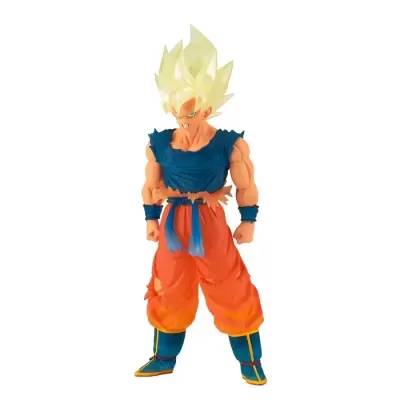 Figura de ação do personagem Goku Super Saiyajin com cabelo loiro e roupa laranja e azul