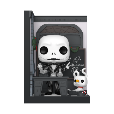 Figura Funko Pop do Jack Skellington com cão Zero junto a mesa e quadro negro decorado para Natal