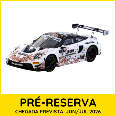 Miniatura de carro de corrida Porsche branco com flores e texto, com moldura amarela de pré-reserva