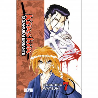Capa do livro Kenshin O SAMURAI ERRANTE volume 7 com dois personagens e padrão floral castanho.