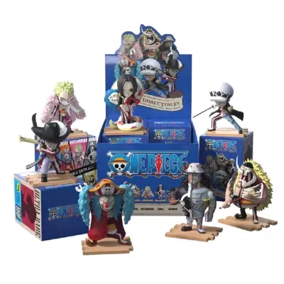 Miniaturas de personagens One Piece em caixas azuis