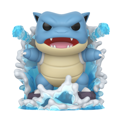Figura colecionável da personagem Blastoise com jato de água e espuma ao redor