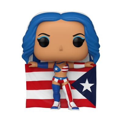 Figura Funko Pop com cabelo azul e roupa com padrão da bandeira dos Estados Unidos e de Porto Rico
