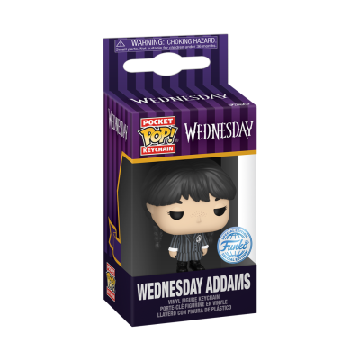 Miniatura Funko Pop! Keychain de Wednesday Addams na caixa roxa