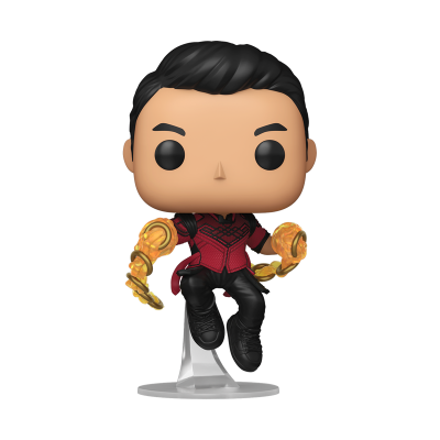 Figura estilizada colecionável de personagem com roupas vermelhas e pretas e efeitos nas mãos.