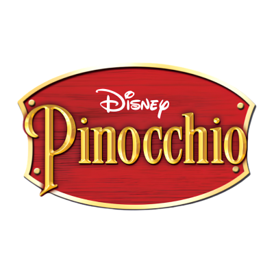 Logótipo Disney Pinocchio em placa vermelha oval com letras douradas