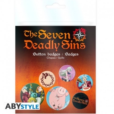 Pacote de 5 botões com ilustrações do anime The Seven Deadly Sins em fundo laranja e preto