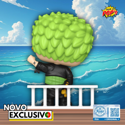 Figura Funko Pop com cabelo verde, roupa preta e varanda branca com mar ao fundo
