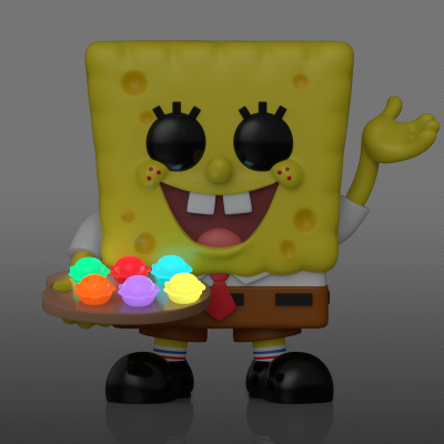 Figura de Bob Esponja de plástico segurando uma bandeja com bolas coloridas